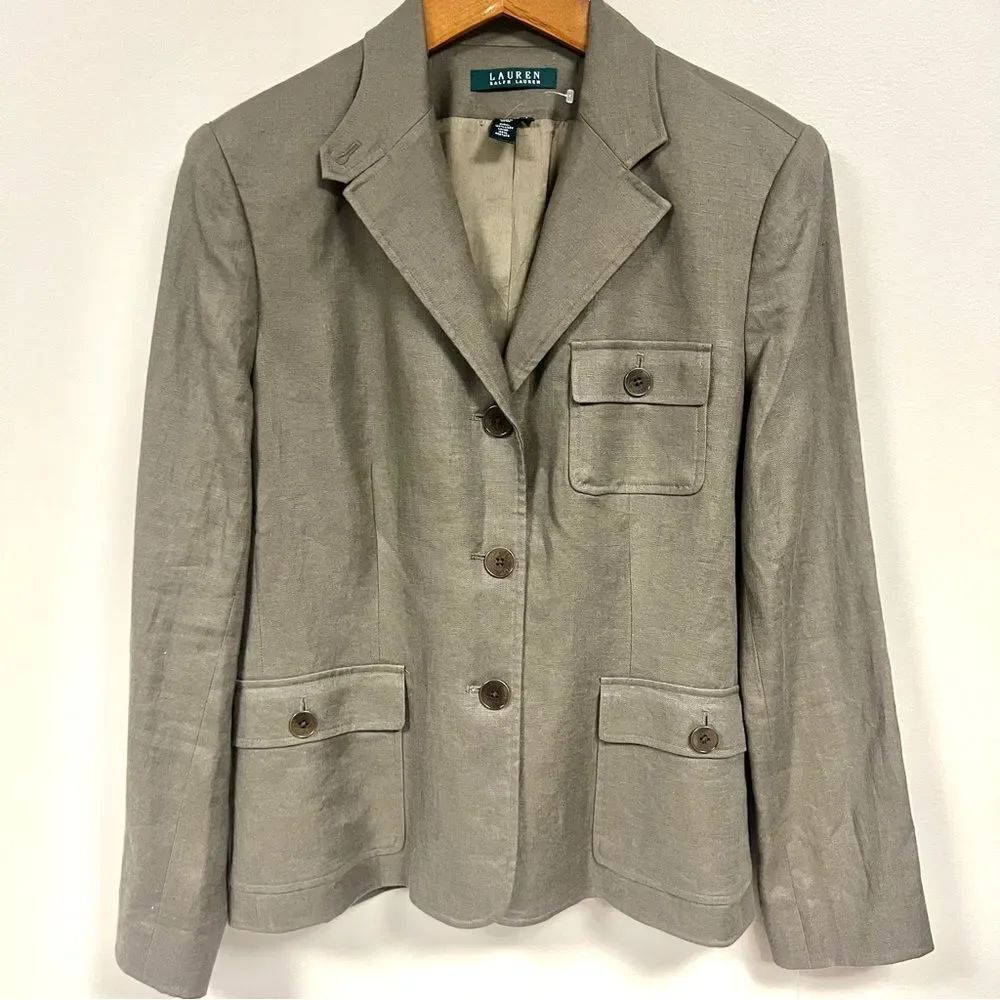 Ralph Lauren Olive-Taupe Linen Blend Button Blazer